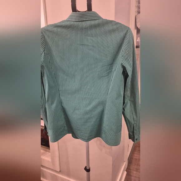 Lafayette 148 New York Teal/ Green Striped Button Down Shirt - Picture 2 of 5